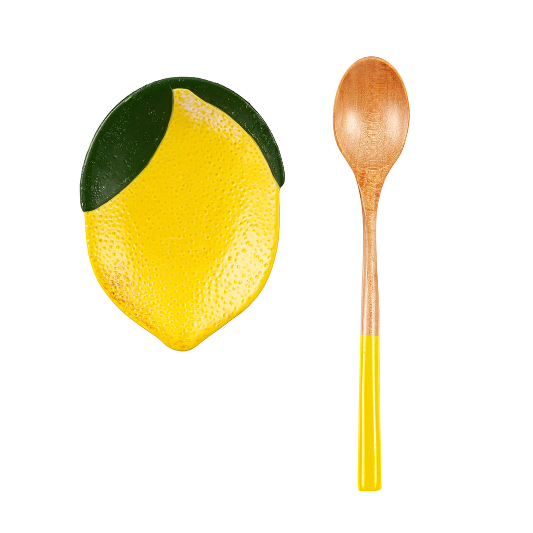 Lemon Shaped Ceramic Spoon Rest with Wooden Spoon Gift Set