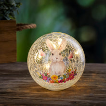 Load image into Gallery viewer, 4&quot; LED Hand Painted Crackled Glass Globe Table Décor , White Bunny with Flowers
